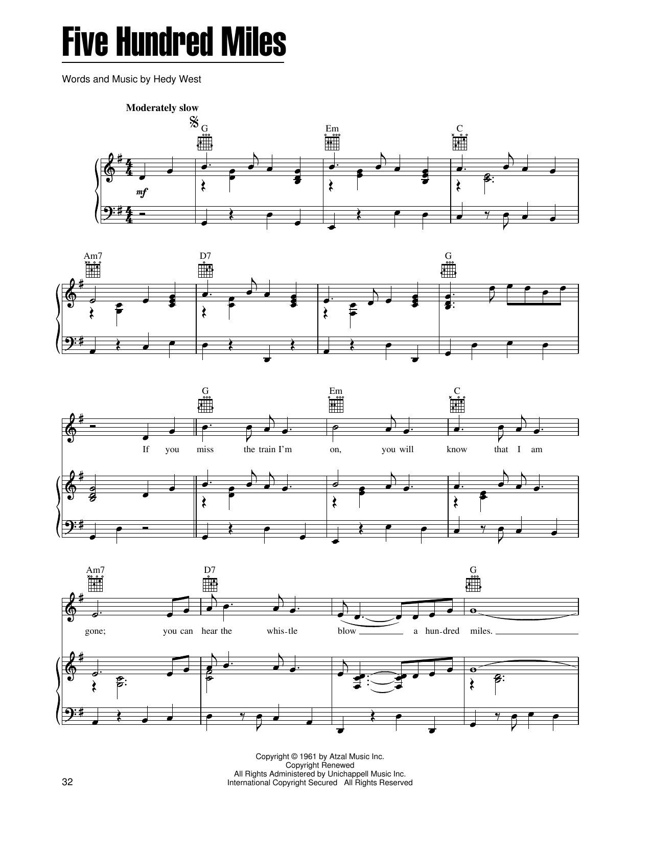 Peter, Paul & Mary Five Hundred Miles sheet music notes and chords. Download Printable PDF.