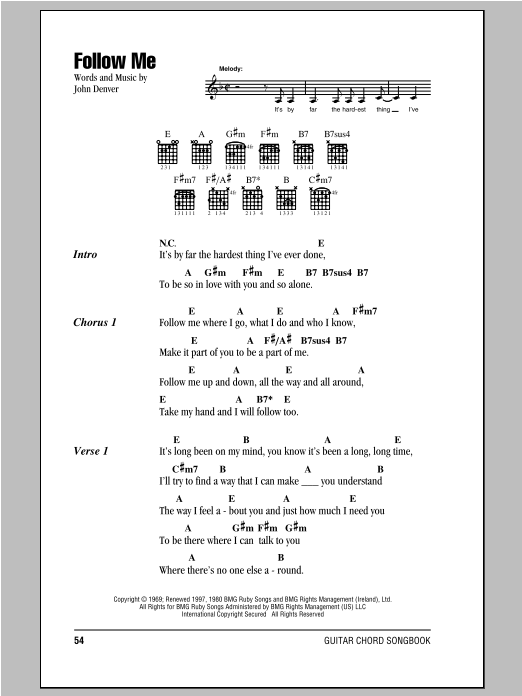 Learn to play Peter, Paul & Mary Follow Me sheet music for Guitar Chords/Lyrics in minutes. Price: 4.4900$ Peter, Paul & Mary Follow Me sheet music notes and chords arranged for Guitar Chords/Lyrics