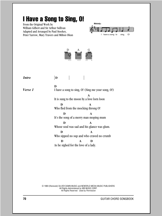 Peter, Paul & Mary I Have A Song To Sing, O! sheet music notes and chords. Download Printable PDF.