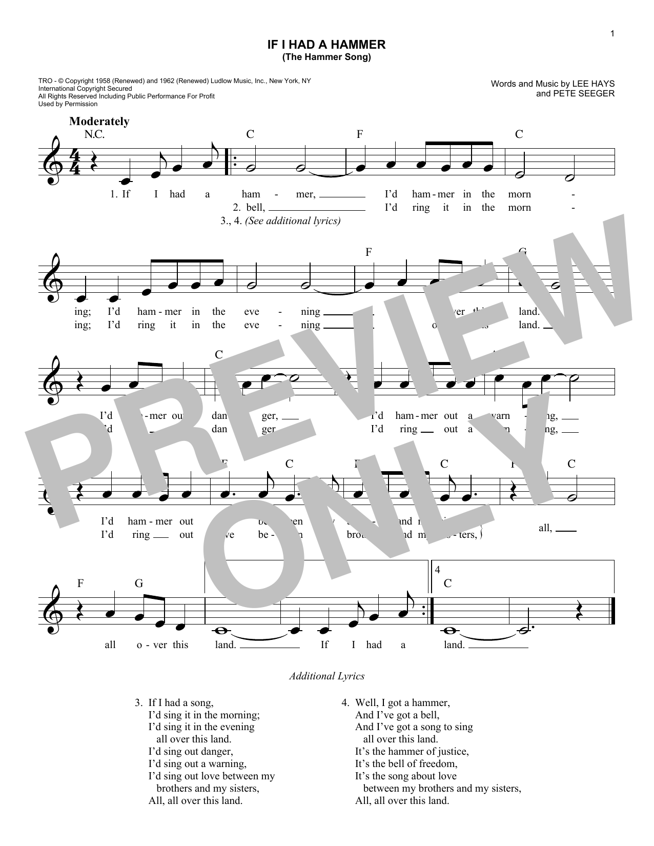 Peter, Paul & Mary If I Had A Hammer (The Hammer Song) sheet music notes and chords. Download Printable PDF.