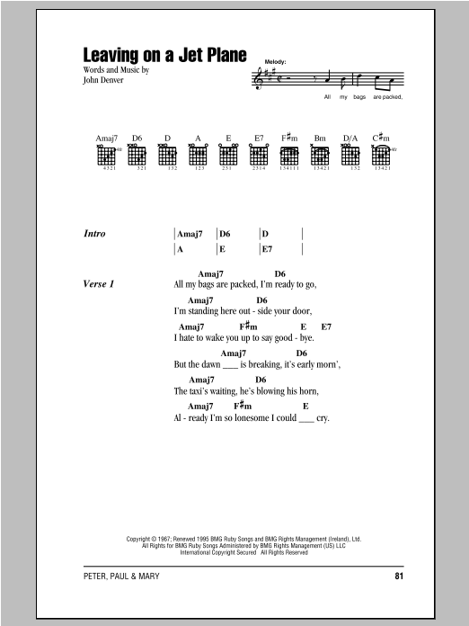 Peter, Paul & Mary Leaving On A Jet Plane sheet music notes and chords. Download Printable PDF.