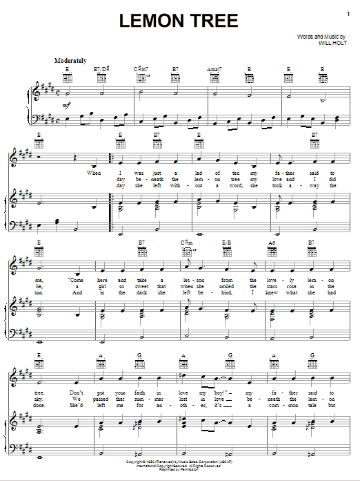 Peter, Paul & Mary Lemon Tree sheet music notes and chords. Download Printable PDF.