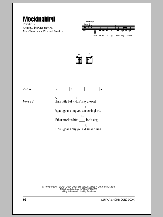 Learn to play Peter, Paul & Mary Mockingbird sheet music for Guitar Chords/Lyrics in minutes. Price: 4.4900$ Peter, Paul & Mary Mockingbird sheet music notes and chords arranged for Guitar Chords/Lyrics