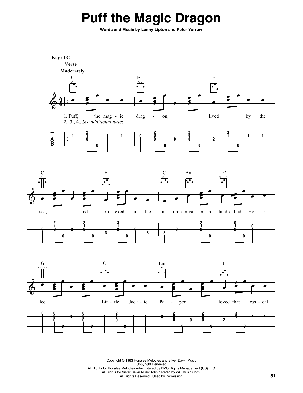 Peter, Paul & Mary Puff The Magic Dragon (arr. Fred Sokolow) sheet music notes and chords. Download Printable PDF.