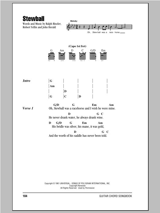 Learn to play Peter, Paul & Mary Stewball sheet music for Guitar Chords/Lyrics in minutes. Price: 4.4900$ Peter, Paul & Mary Stewball sheet music notes and chords arranged for Guitar Chords/Lyrics