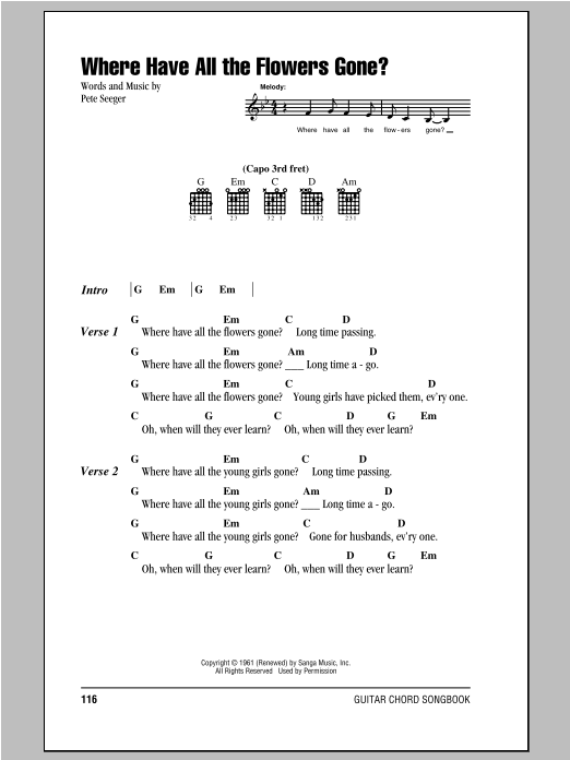 Peter, Paul & Mary Where Have All The Flowers Gone? sheet music notes and chords. Download Printable PDF.