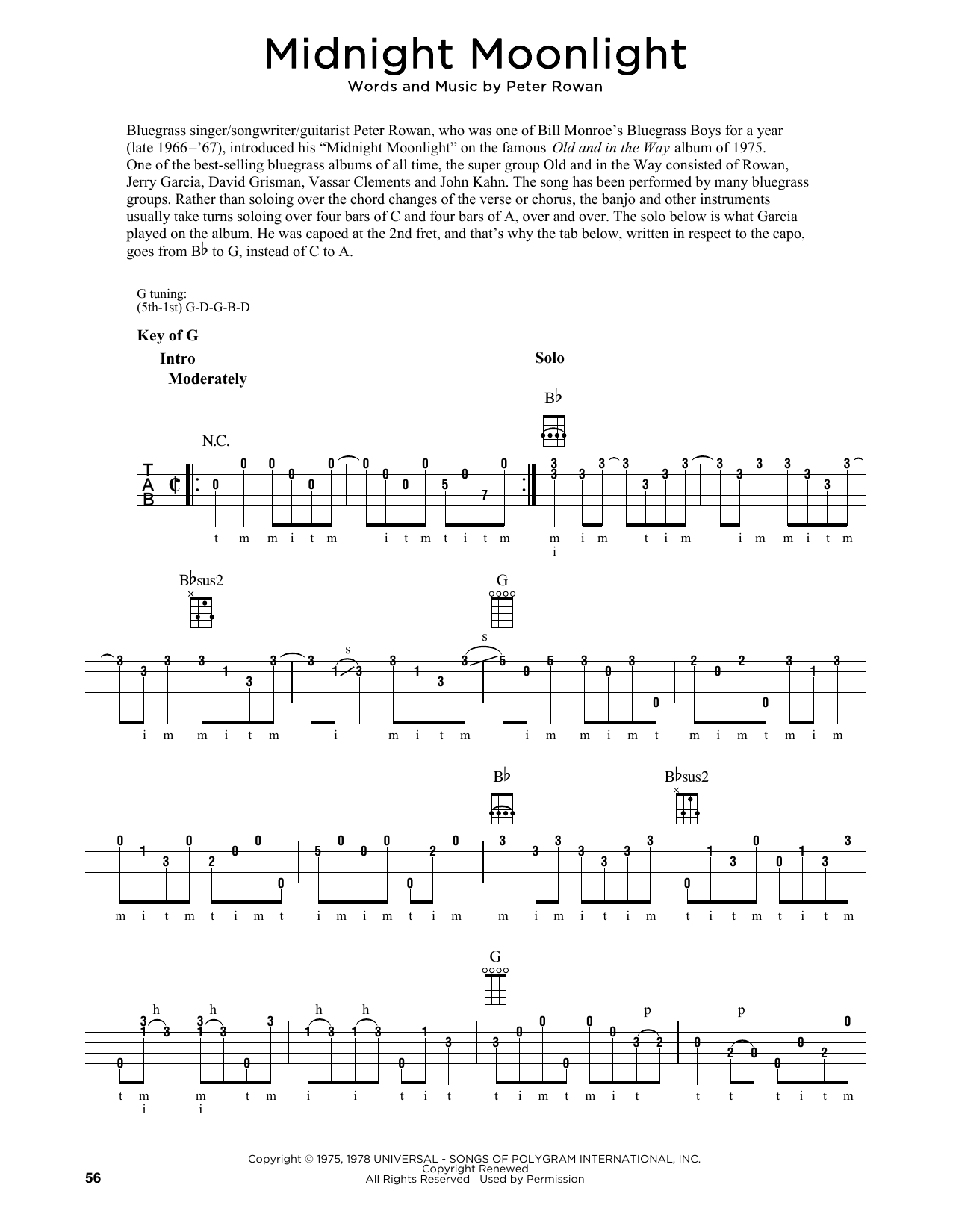 Peter Rowan Midnight Moonlight (arr. Fred Sokolow) sheet music notes and chords arranged for Banjo Tab