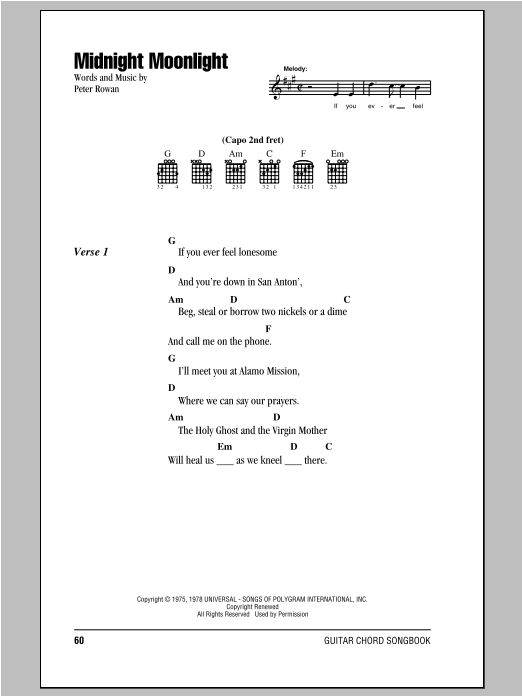 Peter Rowan Midnight Moonlight sheet music notes and chords. Download Printable PDF.