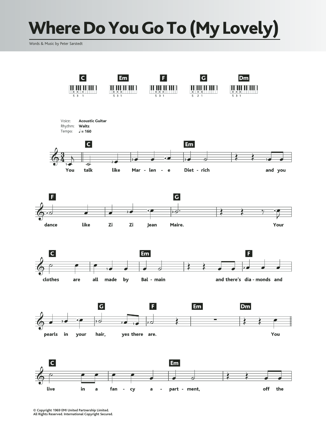 Peter Sarstedt Where Do You Go To (My Lovely) sheet music notes and chords. Download Printable PDF.