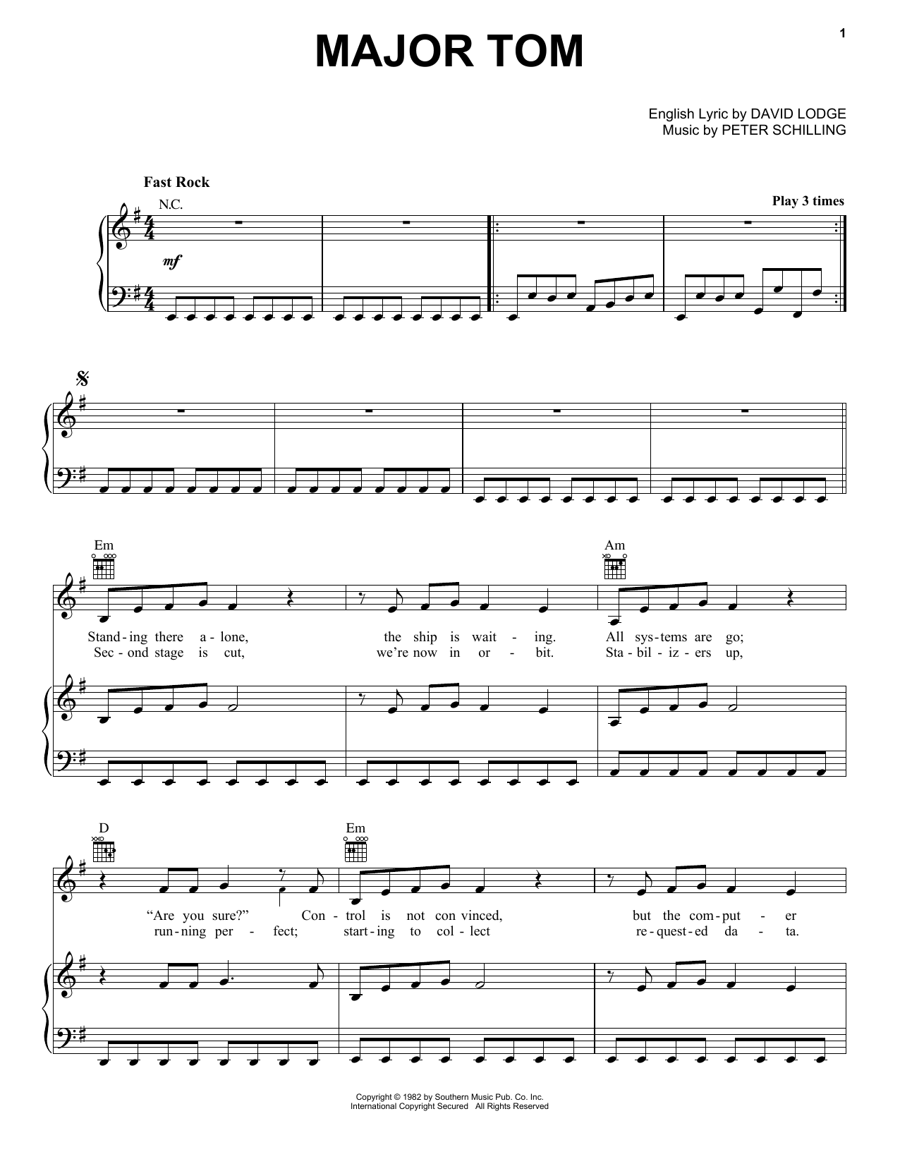 Peter Schilling Major Tom (Coming Home) sheet music notes and chords. Download Printable PDF.