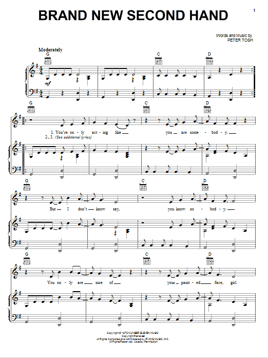 Learn to play Peter Tosh Brand New Second Hand sheet music for Piano, Vocal & Guitar Chords (Right-Hand Melody) in minutes. Price: 7.8900$ Peter Tosh Brand New Second Hand sheet music notes and chords arranged for Piano, Vocal & Guitar Chords (Right-Hand Melody)