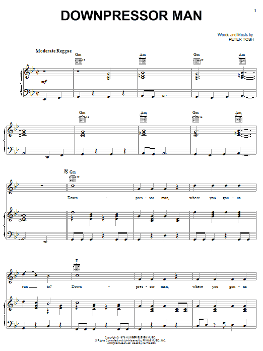 Peter Tosh Downpressor Man sheet music notes and chords arranged for Piano, Vocal & Guitar Chords (Right-Hand Melody)
