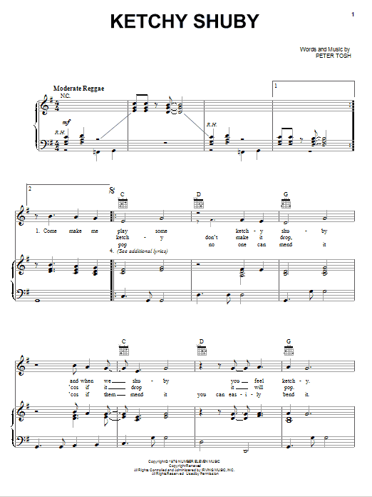 Learn to play Peter Tosh Ketchy Shuby sheet music for Piano, Vocal & Guitar Chords (Right-Hand Melody) in minutes. Price: 7.8900$ Peter Tosh Ketchy Shuby sheet music notes and chords arranged for Piano, Vocal & Guitar Chords (Right-Hand Melody)
