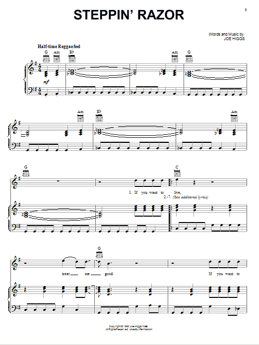 Learn to play Peter Tosh Steppin' Razor sheet music for Piano, Vocal & Guitar Chords (Right-Hand Melody) in minutes. Price: 7.8900$ Peter Tosh Steppin' Razor sheet music notes and chords arranged for Piano, Vocal & Guitar Chords (Right-Hand Melody)