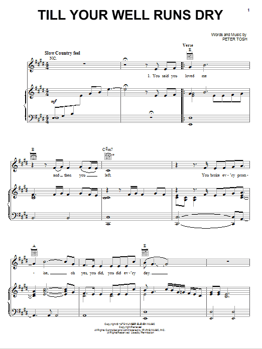 Learn to play Peter Tosh Till Your Well Runs Dry sheet music for Piano, Vocal & Guitar Chords (Right-Hand Melody) in minutes. Price: 7.8900$ Peter Tosh Till Your Well Runs Dry sheet music notes and chords arranged for Piano, Vocal & Guitar Chords (Right-Hand Melody)