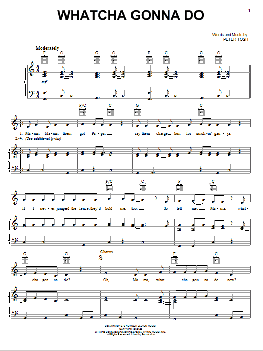 Learn to play Peter Tosh Whatcha Gonna Do sheet music for Piano, Vocal & Guitar Chords (Right-Hand Melody) in minutes. Price: 7.8900$ Peter Tosh Whatcha Gonna Do sheet music notes and chords arranged for Piano, Vocal & Guitar Chords (Right-Hand Melody)