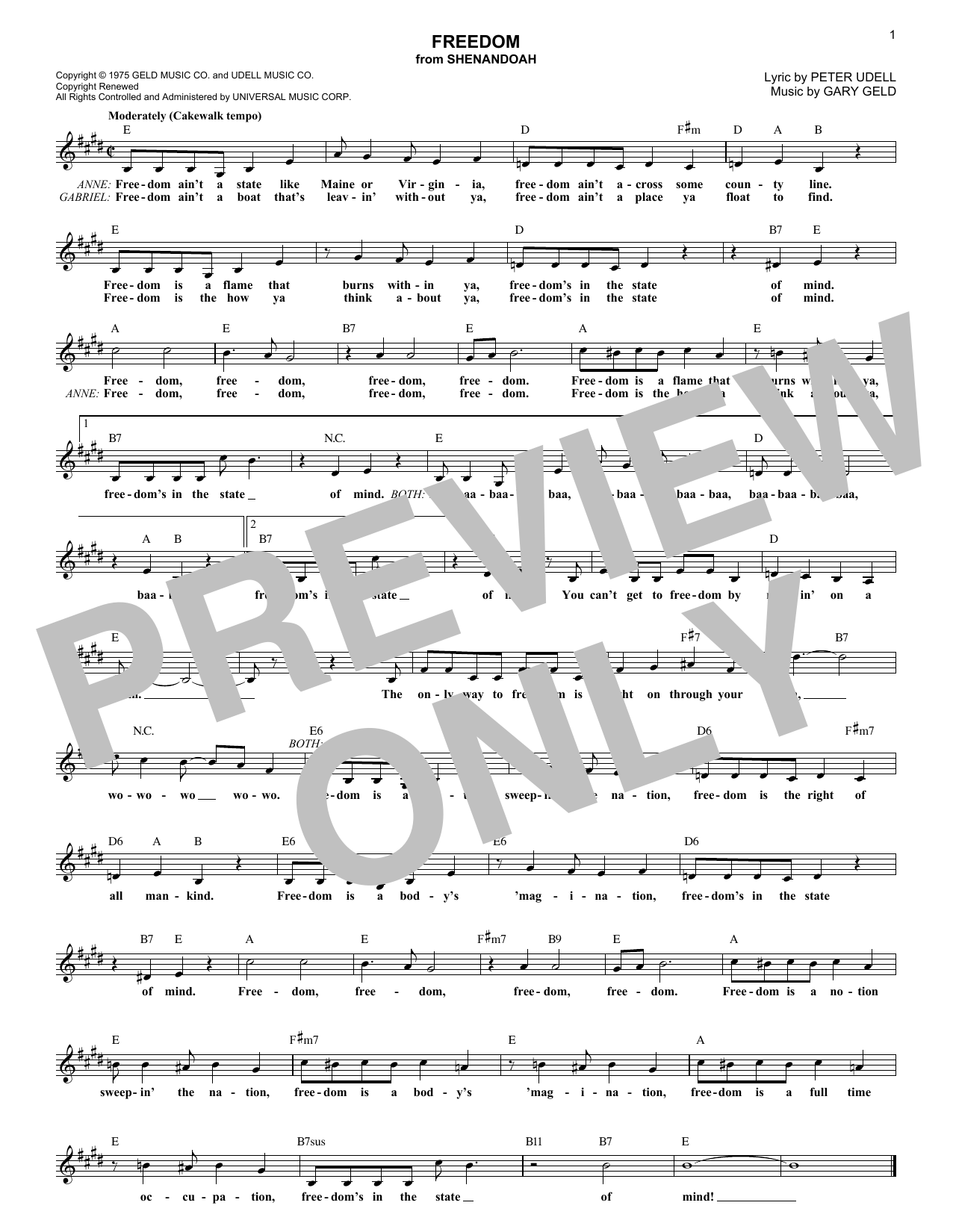 Peter Udell Freedom sheet music notes and chords arranged for Piano, Vocal & Guitar Chords (Right-Hand Melody)