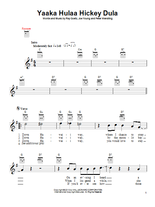 Learn to play Peter Wendling Yaaka Hulaa Hickey Dula sheet music for Ukulele in minutes. Price: 5.9900$ Peter Wendling Yaaka Hulaa Hickey Dula sheet music notes and chords arranged for Ukulele