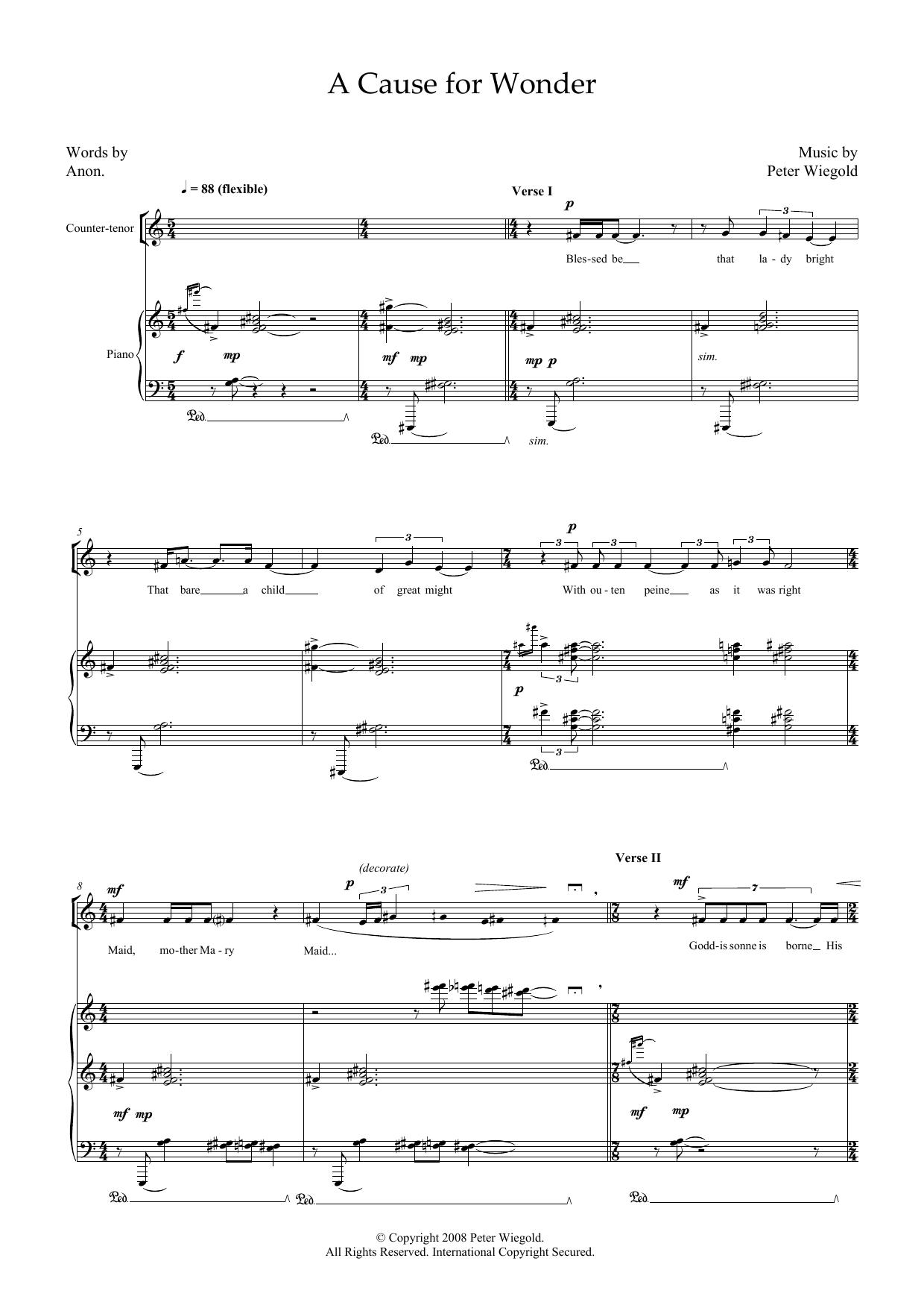 Learn to play Peter Wiegold A Cause for Wonder (for counter-tenor & piano) sheet music for Piano & Vocal in minutes. Price: 7.8900$ Peter Wiegold A Cause for Wonder (for counter-tenor & piano) sheet music notes and chords arranged for Piano & Vocal