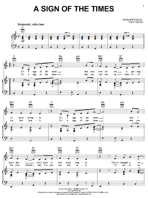 Learn to play Petula Clark A Sign Of The Times sheet music for Piano, Vocal & Guitar Chords (Right-Hand Melody) in minutes. Price: 7.8900$ Petula Clark A Sign Of The Times sheet music notes and chords arranged for Piano, Vocal & Guitar Chords (Right-Hand Melody)