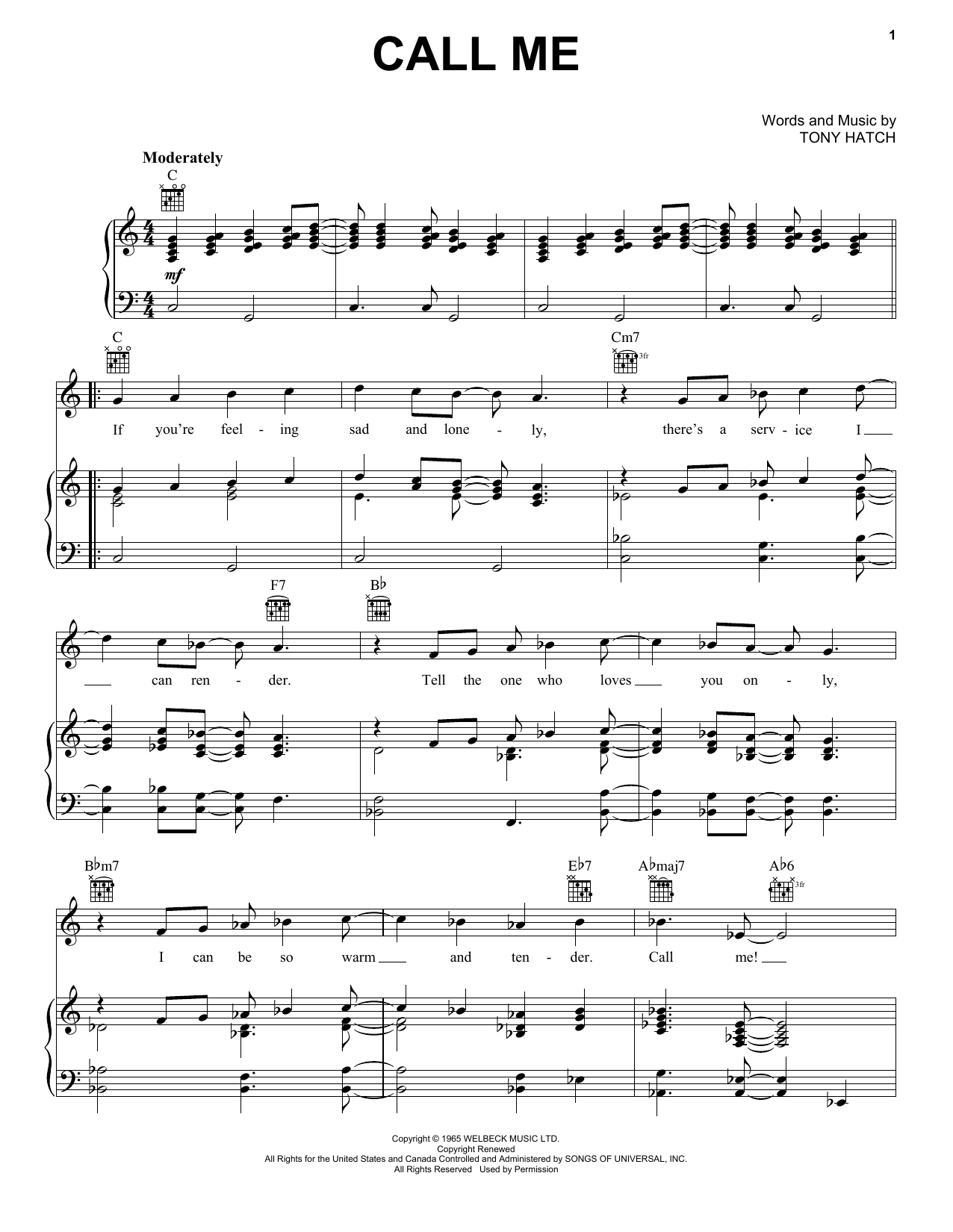 Petula Clark Call Me sheet music notes and chords. Download Printable PDF.