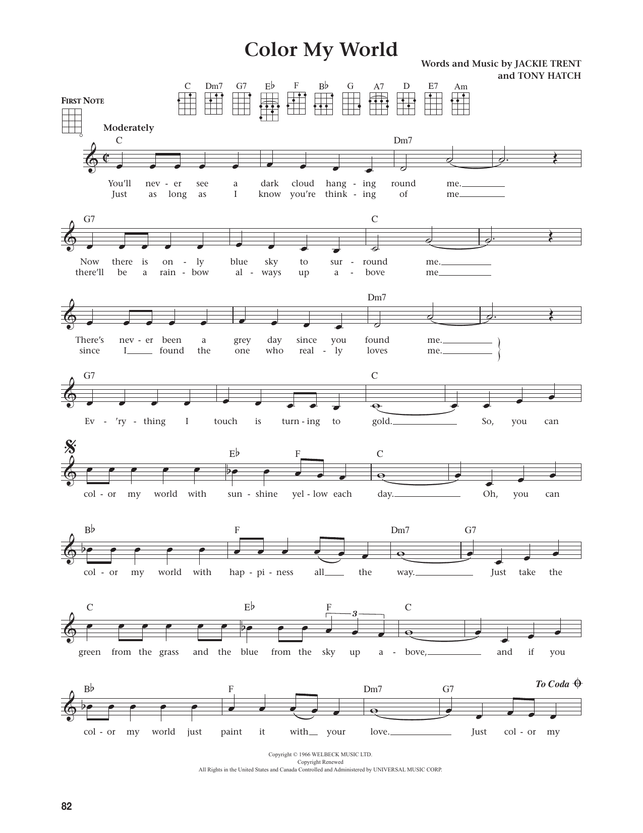 Petula Clark Color My World (from The Daily Ukulele) sheet music notes and chords arranged for Baritone Ukulele