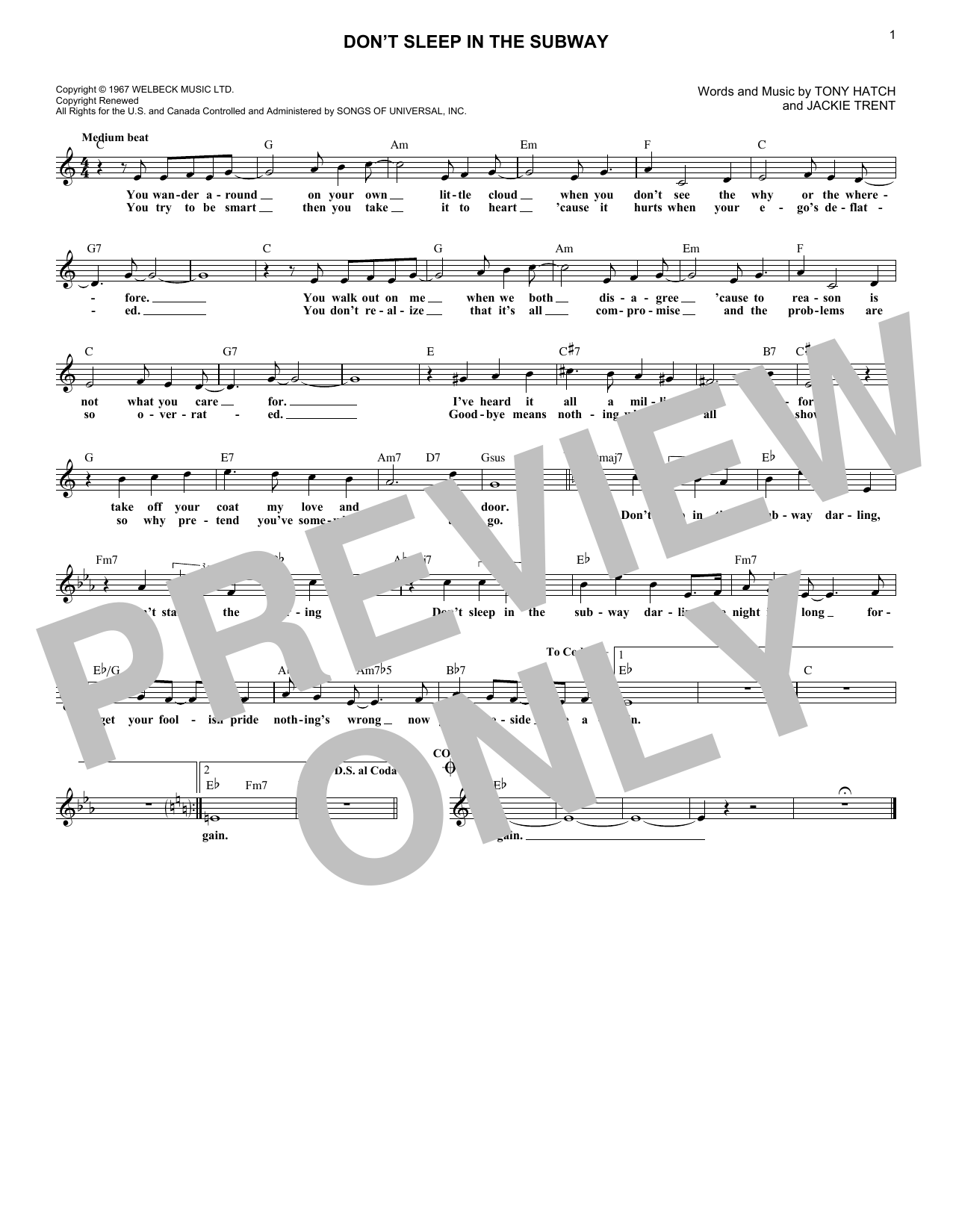 Petula Clark Don't Sleep In The Subway sheet music notes and chords. Download Printable PDF.