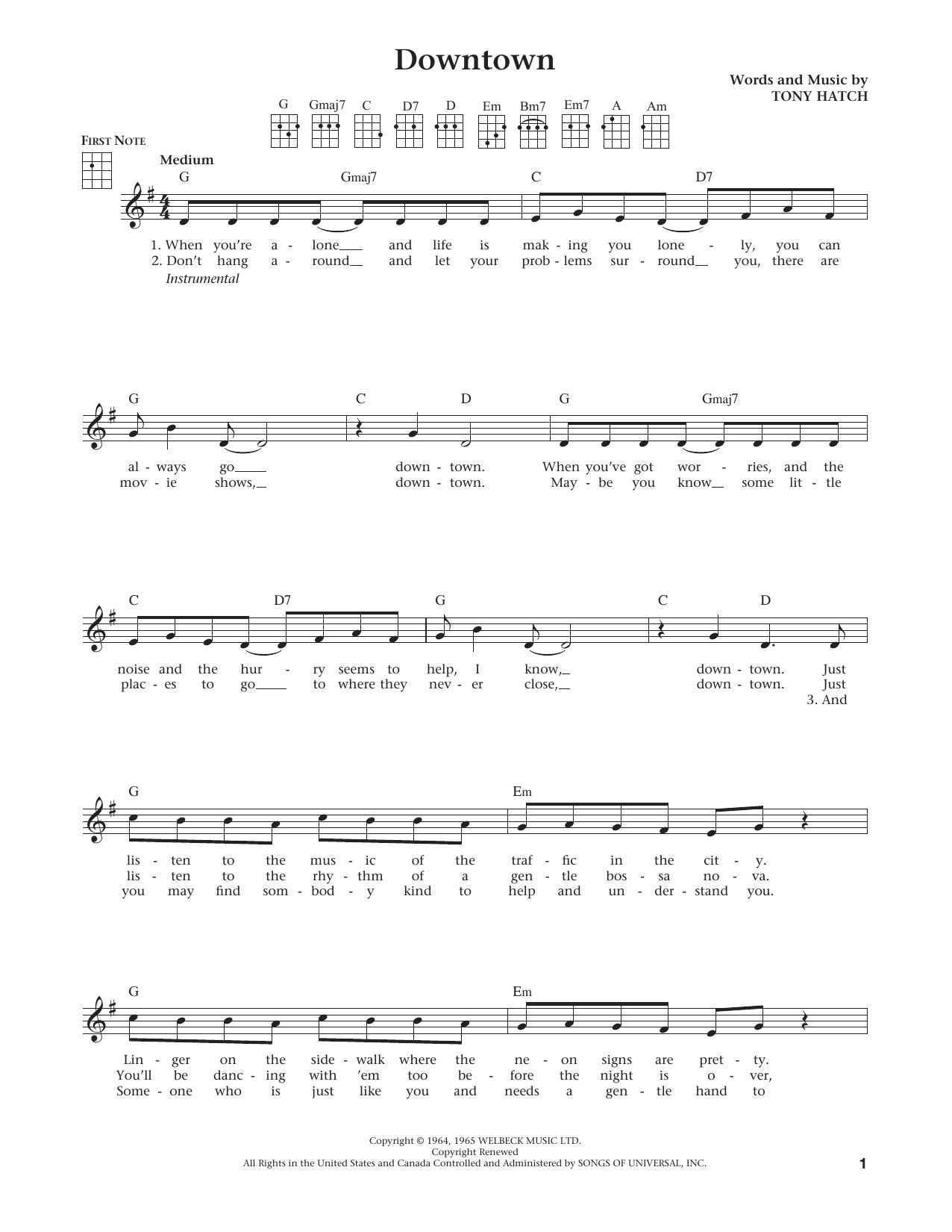 Petula Clark Downtown (from The Daily Ukulele) (arr. Liz and Jim Beloff) sheet music notes and chords. Download Printable PDF.