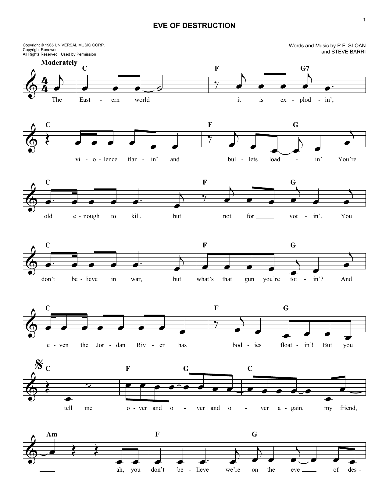 P.F. Sloan Eve Of Destruction sheet music notes and chords. Download Printable PDF.