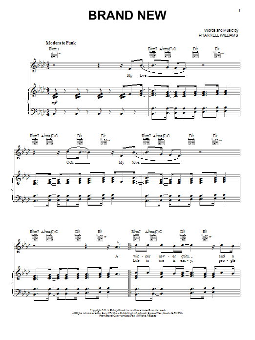 Pharrell Williams Brand New sheet music notes and chords arranged for Piano, Vocal & Guitar Chords (Right-Hand Melody)