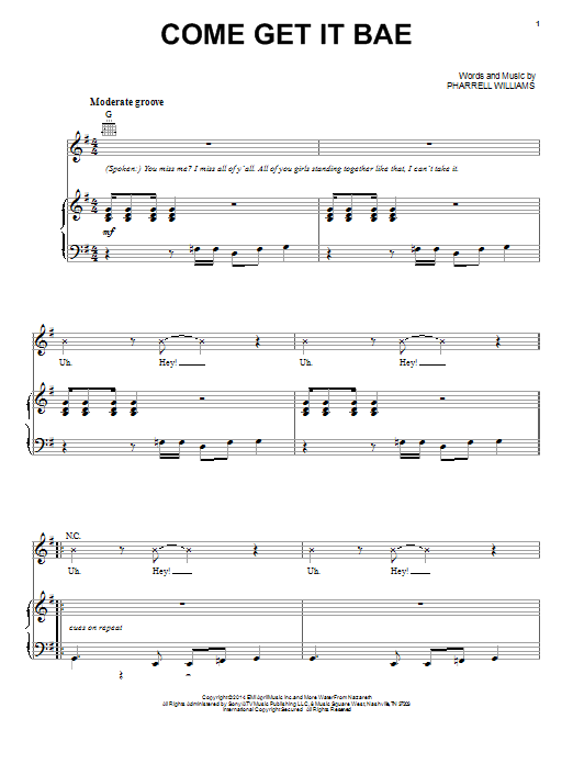 Learn to play Pharrell Williams Come Get It Bae sheet music for Piano, Vocal & Guitar Chords (Right-Hand Melody) in minutes. Price: 7.8900$ Pharrell Williams Come Get It Bae sheet music notes and chords arranged for Piano, Vocal & Guitar Chords (Right-Hand Melody)