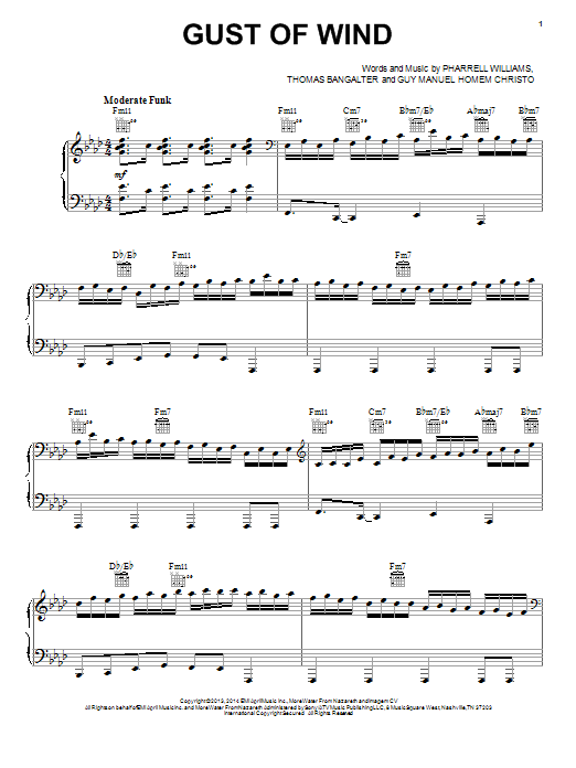 Learn to play Pharrell Williams Gust Of Wind (feat. Daft Punk) sheet music for Piano, Vocal & Guitar Chords (Right-Hand Melody) in minutes. Price: 7.8900$ Pharrell Williams Gust Of Wind (feat. Daft Punk) sheet music notes and chords arranged for Piano, Vocal & Guitar Chords (Right-Hand Melody)