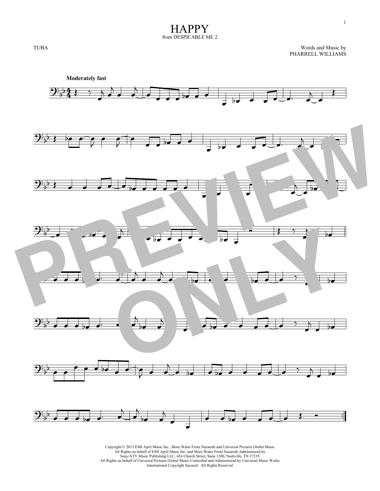 Learn to play Pharrell Williams Happy (from Despicable Me 2) sheet music for Tuba Solo in minutes. Price: 6.9900$ Pharrell Williams Happy (from Despicable Me 2) sheet music notes and chords arranged for Tuba Solo
