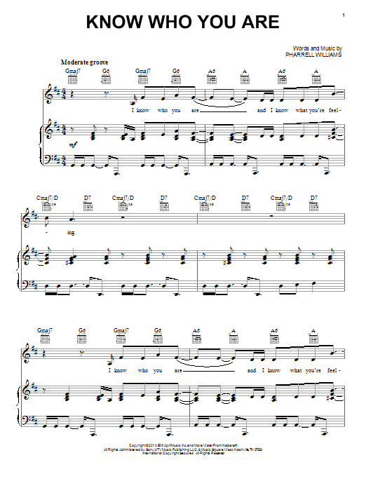 Learn to play Pharrell Williams Know Who You Are sheet music for Piano, Vocal & Guitar Chords (Right-Hand Melody) in minutes. Price: 7.8900$ Pharrell Williams Know Who You Are sheet music notes and chords arranged for Piano, Vocal & Guitar Chords (Right-Hand Melody)