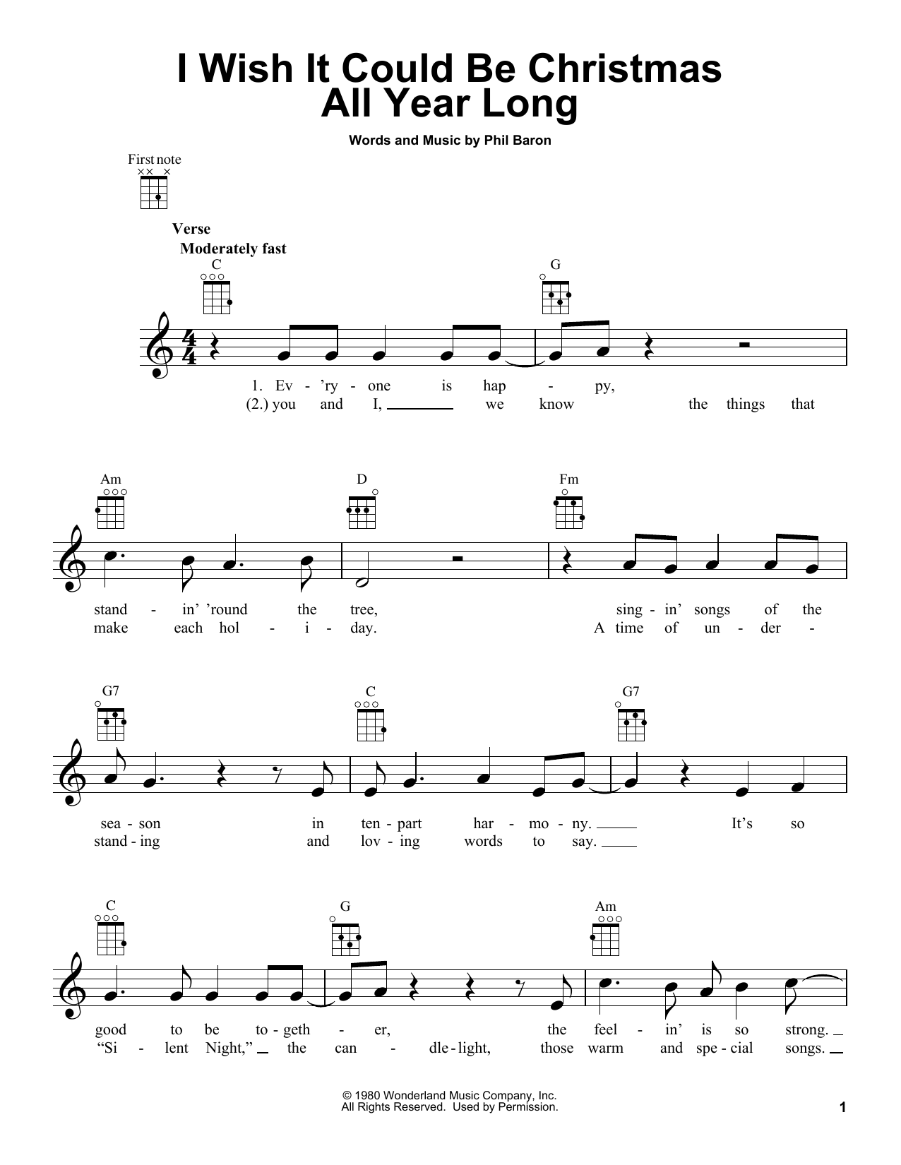 Learn to play Phil Baron I Wish It Could Be Christmas All Year Long sheet music for Ukulele in minutes. Price: 5.9900$ Phil Baron I Wish It Could Be Christmas All Year Long sheet music notes and chords arranged for Ukulele