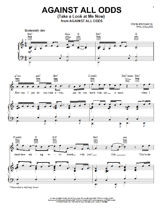 Phil Collins Against All Odds (Take A Look At Me Now) sheet music notes and chords. Download Printable PDF.