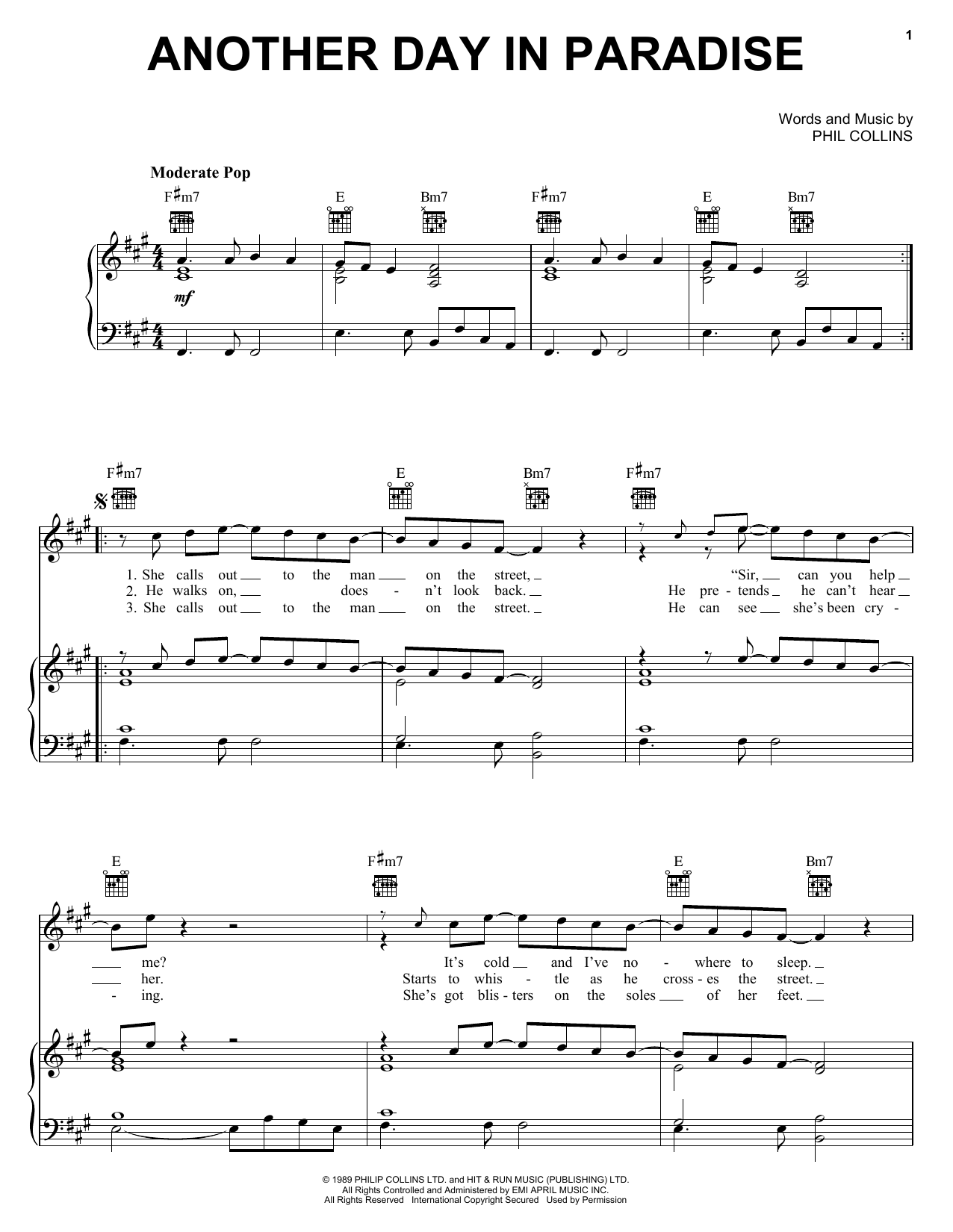 Phil Collins Another Day In Paradise sheet music notes and chords. Download Printable PDF.