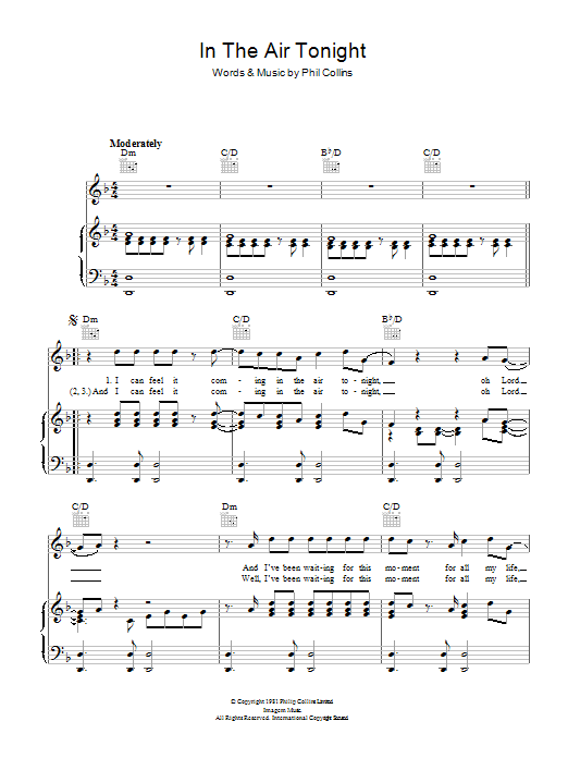 Phil Collins In The Air Tonight sheet music notes and chords. Download Printable PDF.