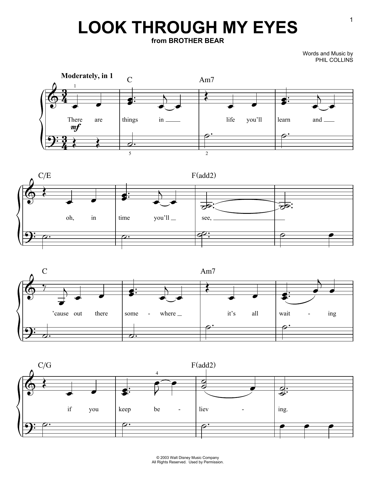 Phil Collins Look Through My Eyes (from Disney's Brother Bear) sheet music notes and chords. Download Printable PDF.