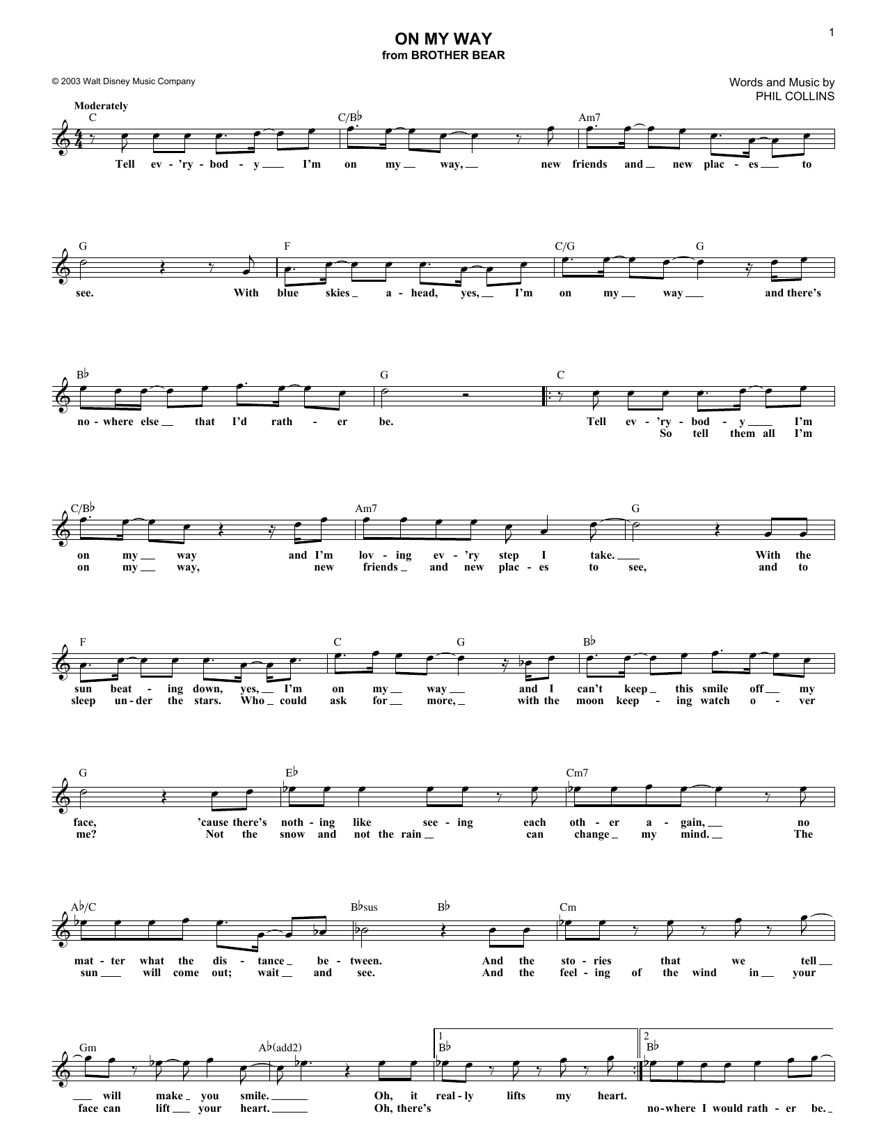 Phil Collins On My Way (from Brother Bear) sheet music notes and chords. Download Printable PDF.