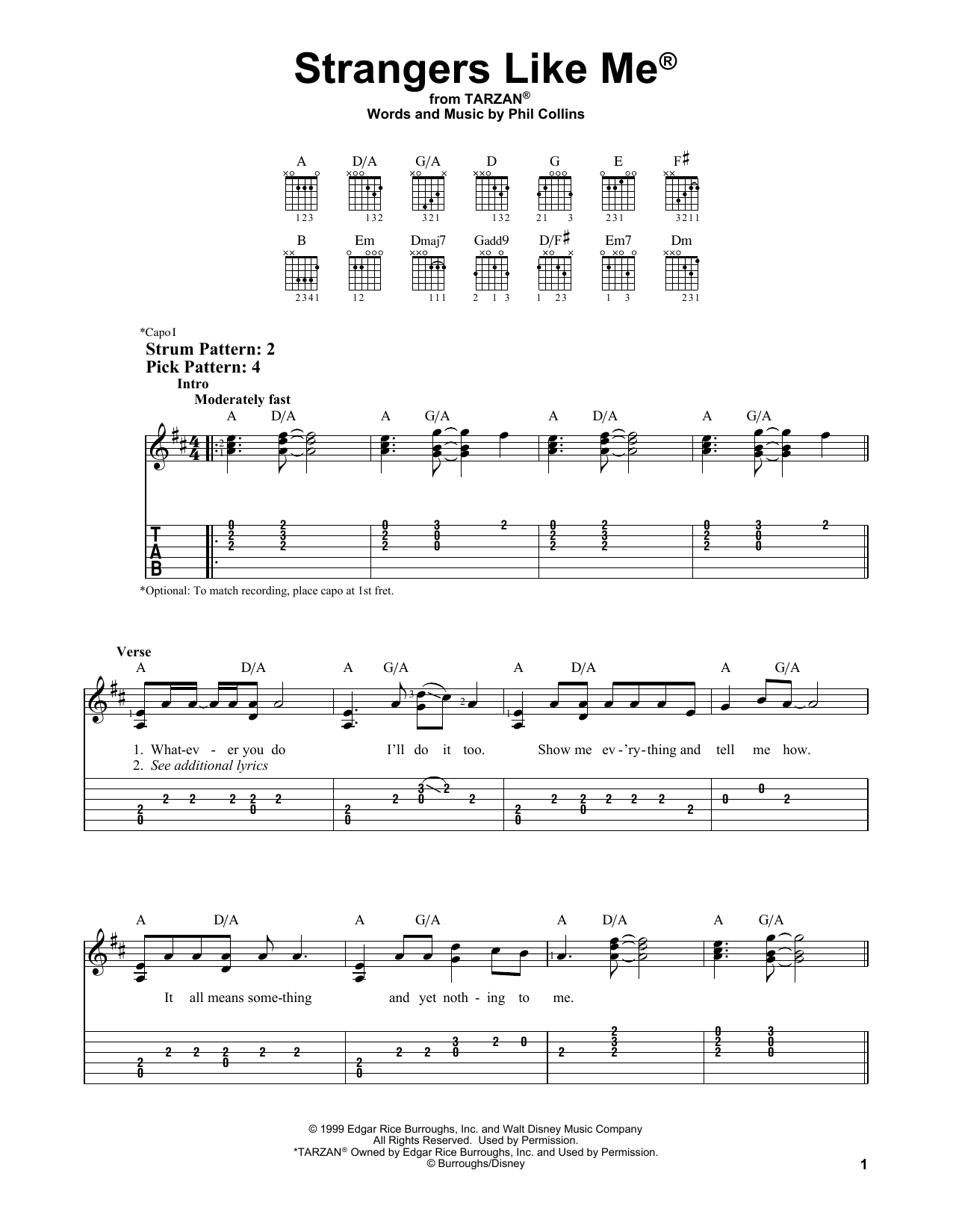 Phil Collins Strangers Like Me (from Tarzan) sheet music notes and chords. Download Printable PDF.