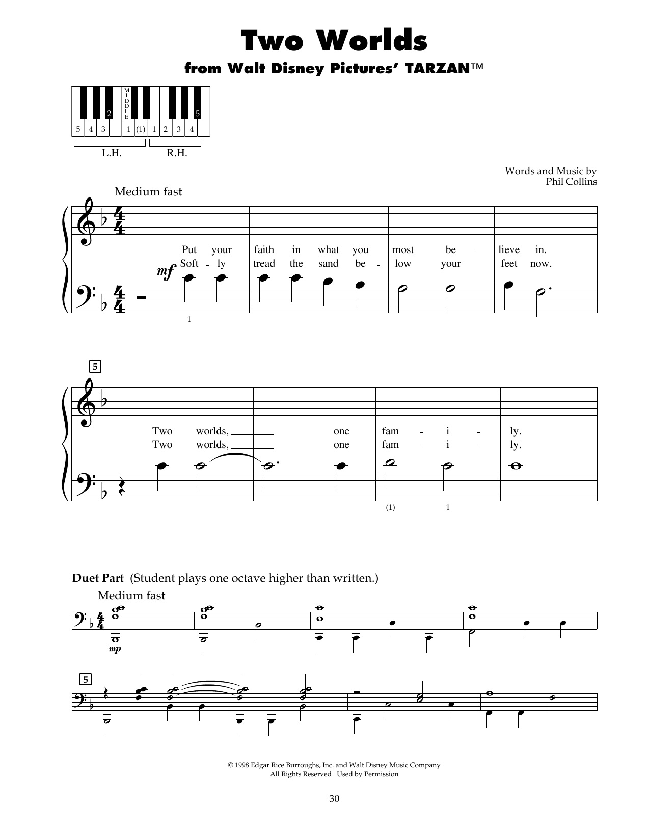 Phil Collins Two Worlds (from Tarzan) sheet music notes and chords. Download Printable PDF.