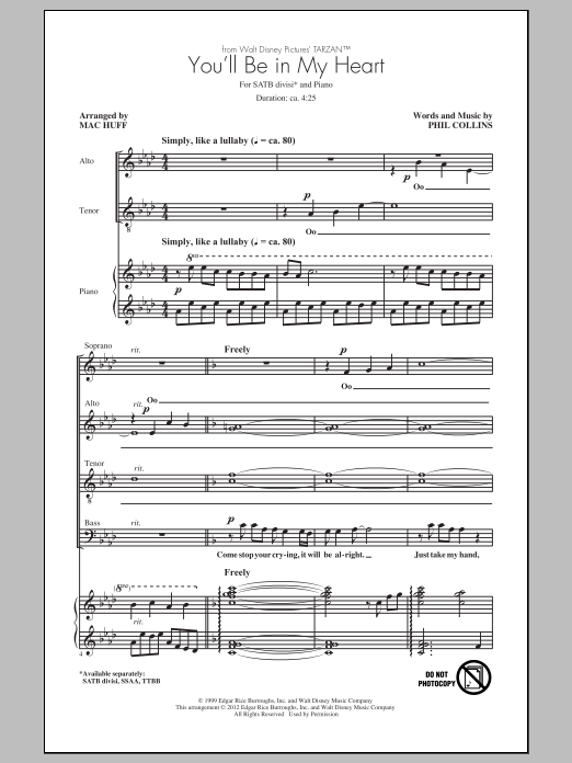 Phil Collins You'll Be In My Heart (arr. Mac Huff) sheet music notes and chords. Download Printable PDF.