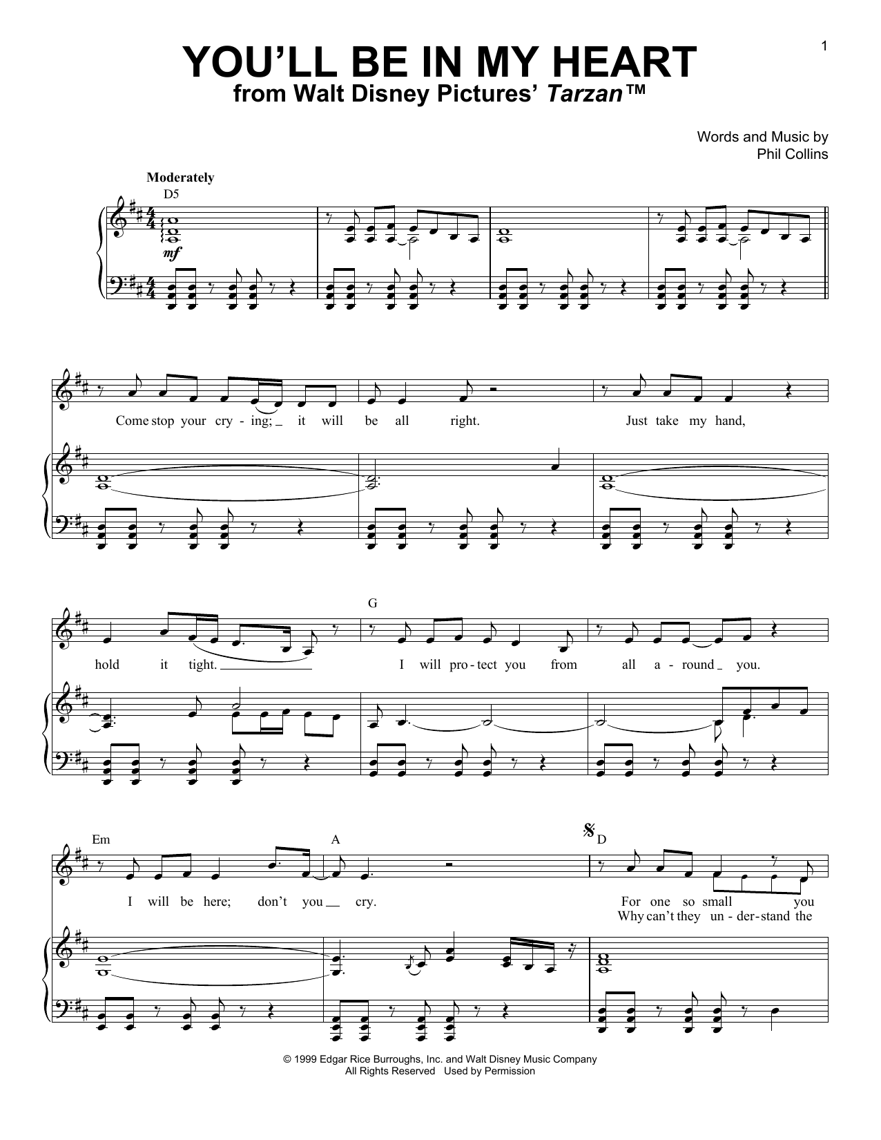 Phil Collins You'll Be In My Heart sheet music notes and chords. Download Printable PDF.