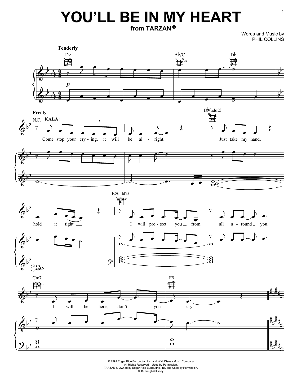 Phil Collins You'll Be In My Heart sheet music notes and chords. Download Printable PDF.