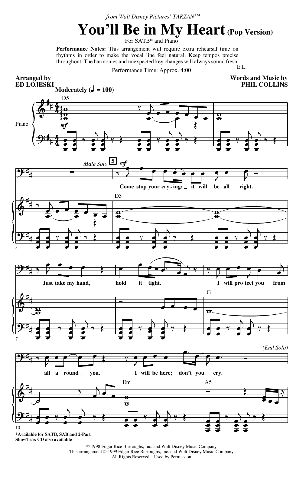 Phil Collins You'll Be In My Heart (Pop Version) (from Disney's Tarzan) (arr. Ed Lojeski) sheet music notes and chords arranged for SATB Choir