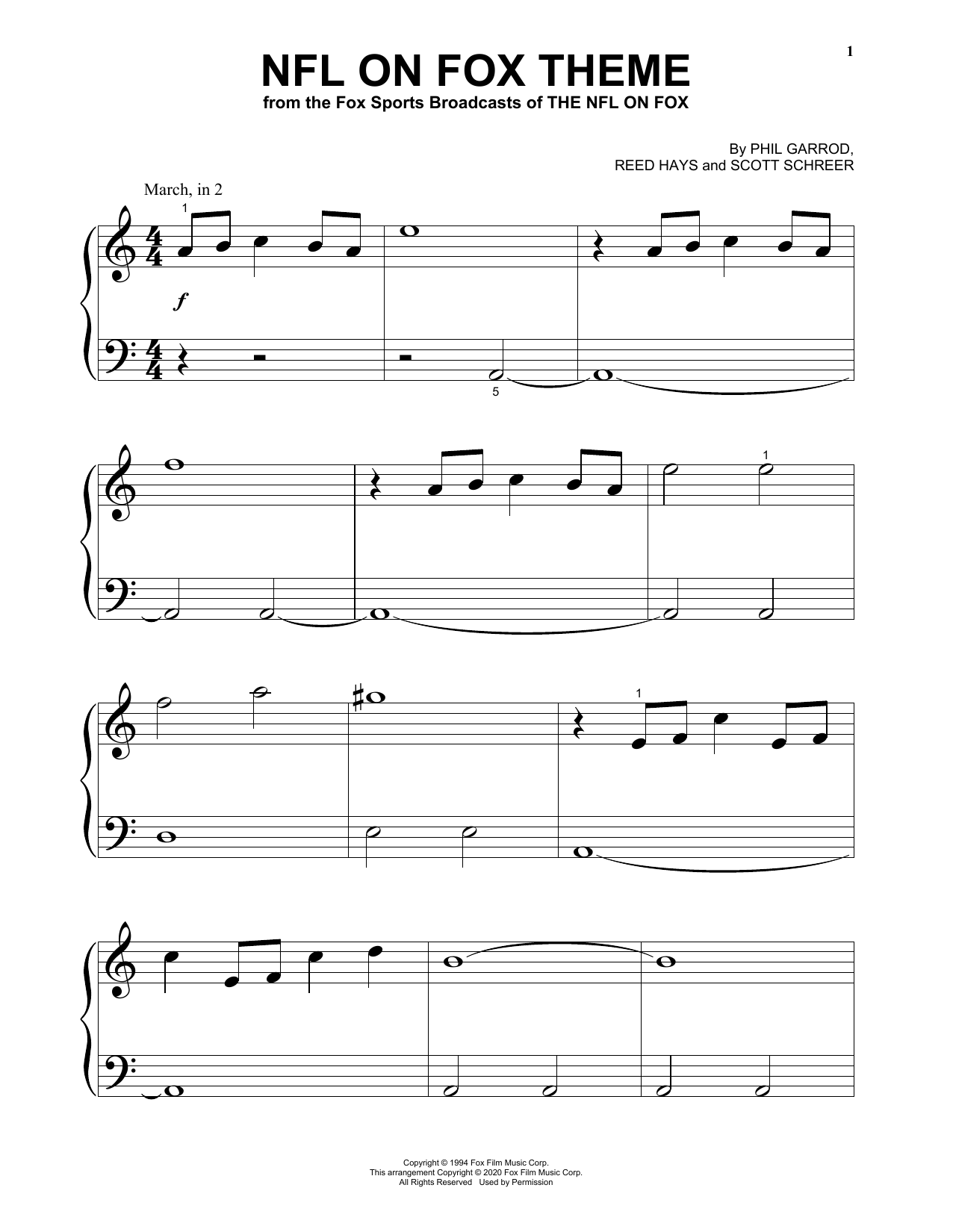 Learn to play Phil Garrod, Reed Hays and Scott Schreer NFL On Fox Theme sheet music for Beginning Piano Solo in minutes. Price: 6.9900$ Phil Garrod, Reed Hays and Scott Schreer NFL On Fox Theme sheet music notes and chords arranged for Beginning Piano Solo