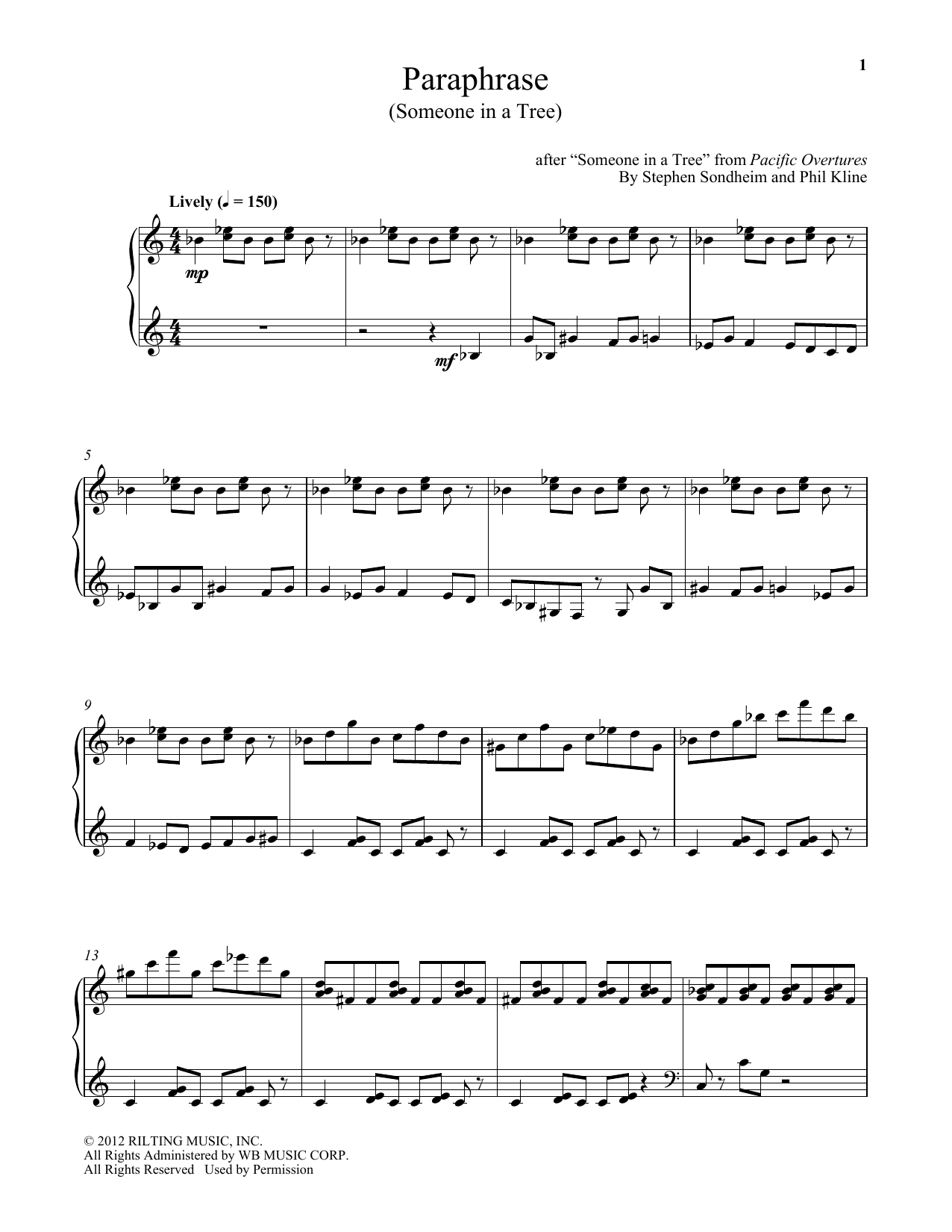 Learn to play Stephen Sondheim Paraphrase (Someone In A Tree) (arr. Phil Kline) sheet music for Piano Solo in minutes. Price: 7.8900$ Stephen Sondheim Paraphrase (Someone In A Tree) (arr. Phil Kline) sheet music notes and chords arranged for Piano Solo