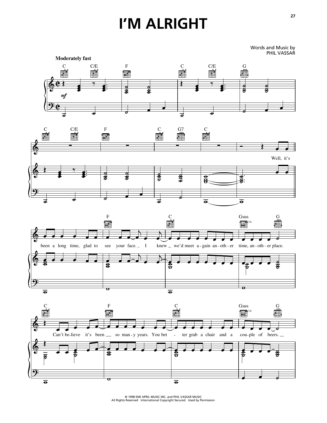 Phil Vassar I'm Alright sheet music notes and chords. Download Printable PDF.