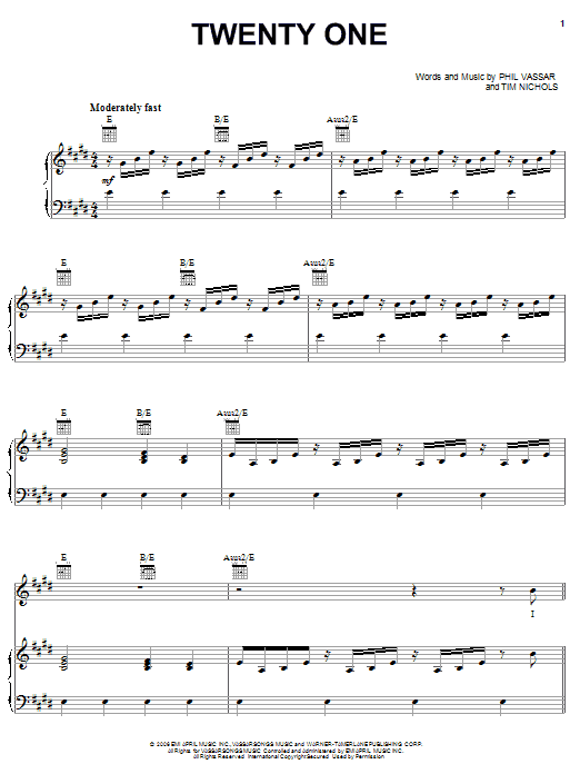 Learn to play Phil Vassar Twenty One sheet music for Piano, Vocal & Guitar Chords (Right-Hand Melody) in minutes. Price: 7.8900$ Phil Vassar Twenty One sheet music notes and chords arranged for Piano, Vocal & Guitar Chords (Right-Hand Melody)